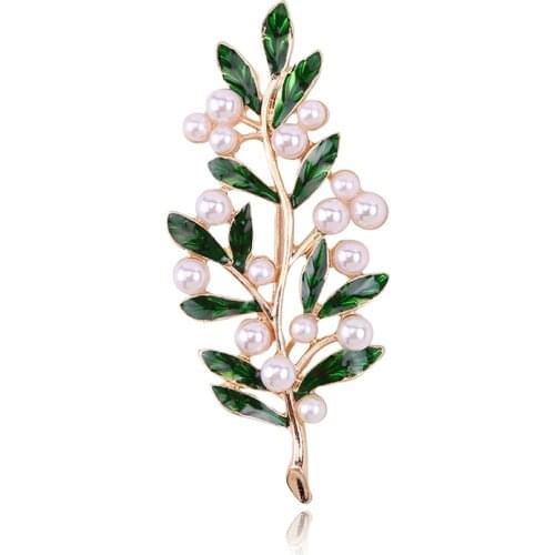 New High Quality Fashion Jewelry Brooch Green Leaf Branch Pearl Drop Oil Brooch Simple Design Party Gift Jewelry Brooch