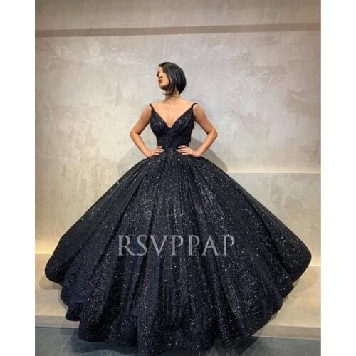 Black Long Evening Dresses 2020 Sparkly Glitter Sequin V-neck Straps Puffy Ball Gown Formal Evening Gowns Abendkleider