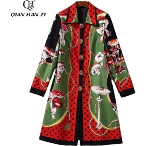 Qian Han Zi designer fashion jacket suit set Women print Vest dress+mushroom print crystal Buttons woolen coat two piece set