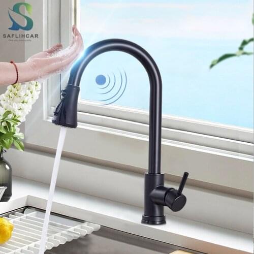 Matte Belack Touch The Kitchen Sink Faucet Three Outlet Water Mixer Taps Kitchen Faucet With Sensor Pull Out Flushing Spray Tap