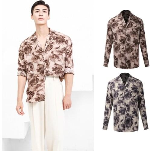 Latin Dance Shirts Men Retro Style Rose Printed Tops Male Latin Practice Wear Ballroom Salsa Performance Dance Costume DNV14927