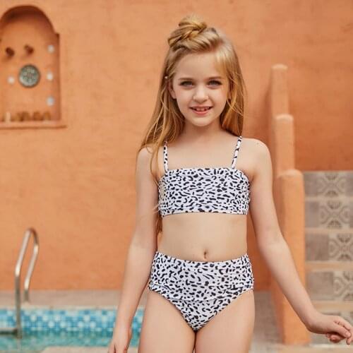 2021 New Big Kids Girl High Waist Swimsuit Leopard Split Swimming Bikini Costume Swimwear Two Piece Swimsuit Children Beachwear