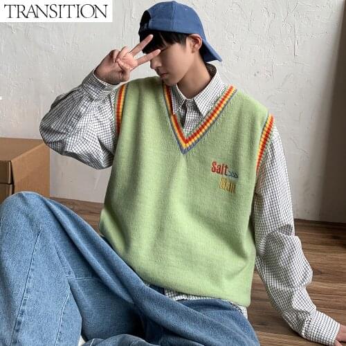 2021 Mens New Hong Kong Style Assembling Material Rib New Loose Couple Teenager Cartoon Knitwear Sweater Vest Vest