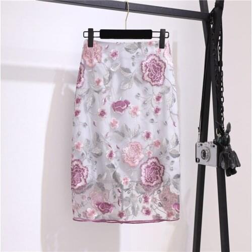 2021 Spring And Summer New Romantic Lace Embroidered Flower Skirt Midi Temperament Slim One-Step Mid-Length Femme Saias zh232