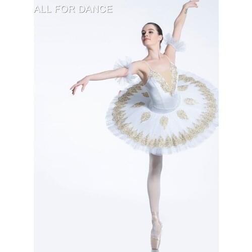New White Velvet Bodice With Gold Trim Pre-professional Ballet Tutu Girl & Women Stage Pancake Tutu