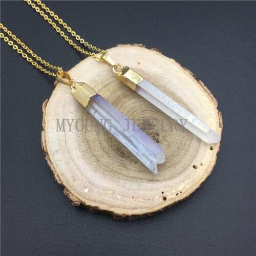 MY0877 Clear Crystal Quartz Titanium Spike Point Pendant Necklace, Natural Stone Pendant Pendulum Gold Colr Chain Necklace (1)