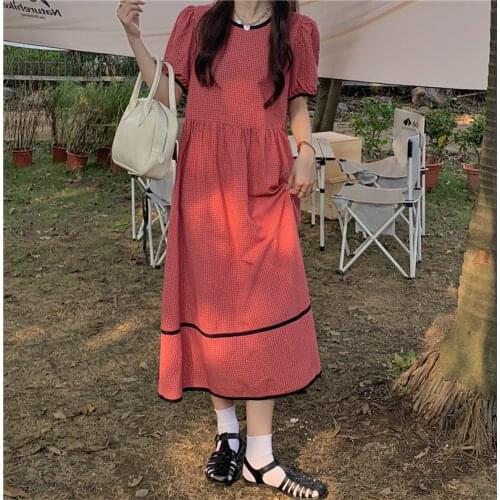 Dress Retro Plaid Round Neck Short-sleeved Dress Female Summer New Style Korean Loose and Thin Mid-length Skirt