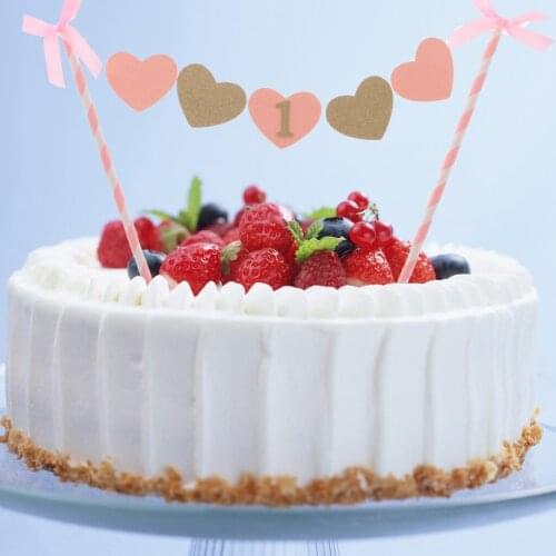 Pink Gold One Year Old Happy Birthday Cupcake Topper Flag Banner Baby First Birthday Party Cake Decoration