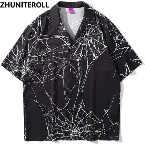 Fashion Hawaiian Beach Shirts Spider Web Print Hip Hop Button Shirt Mens Harajuku Casual Short Sleeve Holiday Party Blouse Tops