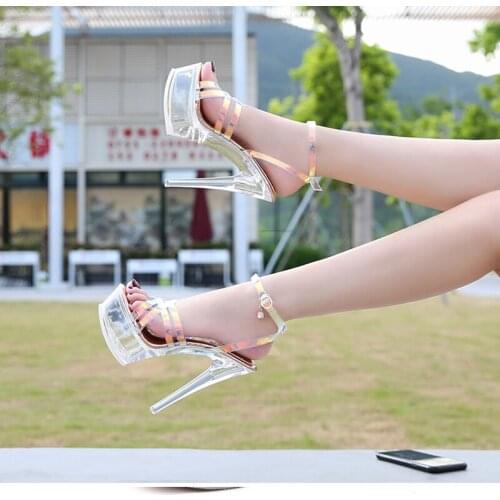 Crystal Sandals Fashionable Transparent Stiletto 2020 Summer Woman Slipper High Heels14CM Mules Platform Stage Catwalk Shoes