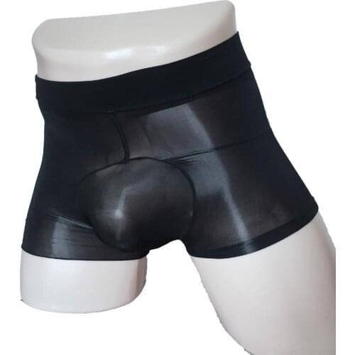 Sexy High Waist Glossy Shiny Sheer Boxer Brief Shorts with Bulge Pouch Sissy Fetish Slimming Underwear Lingerie for Him