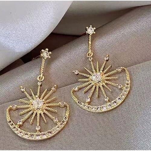 Korean Fashion Jewelry For Women 2021 Pattern S925 Silver Needle Full Drill Moon Stars Personality Piercing Hanging Earrings
