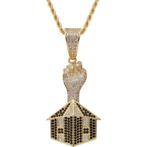 Hip Hop Necklace Gold Plated Iced Out Cubic Zirconia Fist House Pendant With Stainless Steel Rope Chain For Men