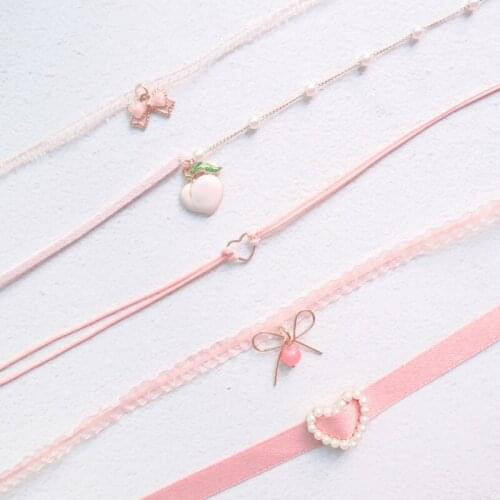 Japanese Korea Style Pink Peach Heart Short Choker New Clavicle Necklaces Pearl Bowknot Lace Pendant For Girl Jewelry Gift