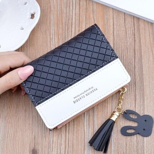 Womens wallet fashion Korean female short section thin color embossed zipper tassel coin purse Ladys student small wallet 585