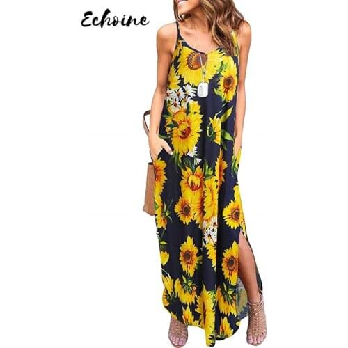 Echoine Summer Sexy Spaghetti Straps Floral Print Long Loose Dress Fashion V Neck Plus Size Elegant Beach Sundress Casual Skirt