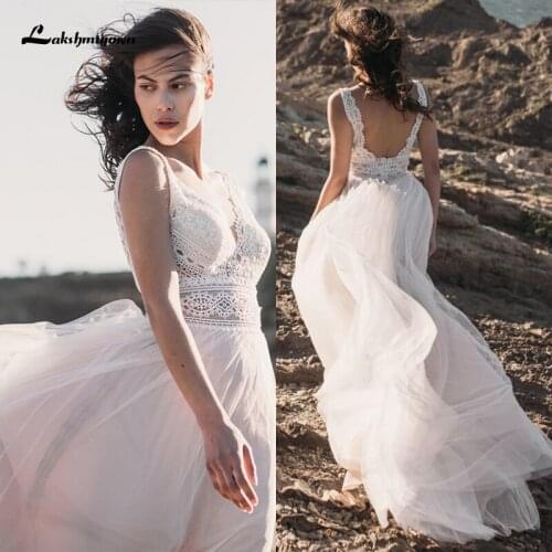 Lakshmigown Light Pink Bohemian Wedding Dresses vestido de novia V Neck Lace Bridal Gowns Boho A Line Princess Gowns Plus Size