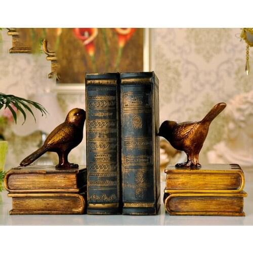 2PCS Retro birds Bookends Crafts Statue Figurines Bedroom Decoration Home Furnishings Desk Bookcase Personality Resin Ornaments