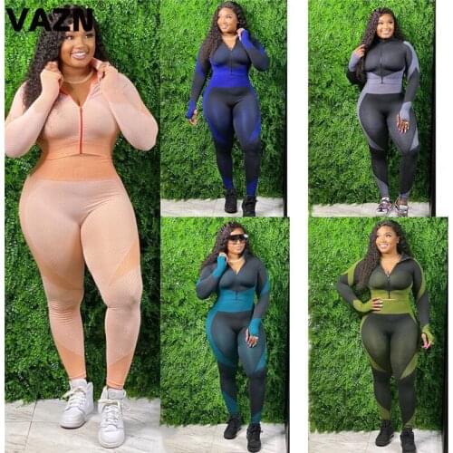 VAZN 2020 Solid V-Neck Two Piece Set Biker Full Sleeve Full Sport Pant Set Ladies Tracksuit Female Summer Matching Sets