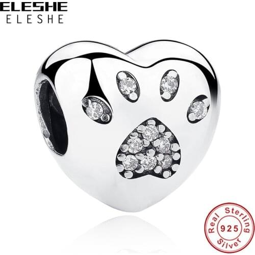 ELESHE 5PCS Wholesale S925 Sliver Dog Footprint With CZ Bead Fit Original Bracelet & Necklace DIY Fashion Jewelry For Women Gift