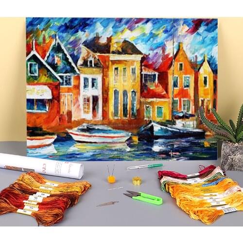 Amsterdam Dock Printed Canvas 11CT Cross Stitch Patterns Embroidery DMC Threads Handiwork Hobby Needlework Painting Mulina