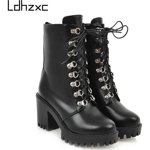 LDHZXC Pu Leather Boots Women Shoes Thick Sole Lace Up Autumn Winter Short Ankle Boots for Women Motorcycle Boots