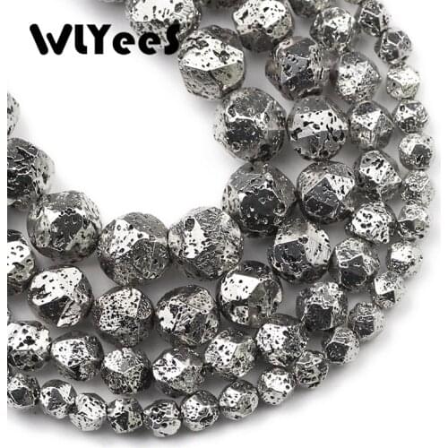 Ancient White K Glod Volcanic Lava Natural Hematite Stone Faceted Round Loose Beads for Jewelry Bracelet Making DIY Accessories