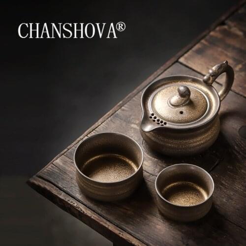 CHANSHOVA 130ml Chinese retro 3-piece set Ceramic gold glaze teapot teacup set tea bowl China Handmade pottery tea set H591