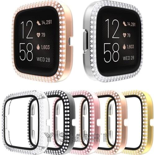 Case for Fitbit Versa 2 Bling Diamonds PC Protective Bumper With Tempered Glass Screen Protector Watch Cover