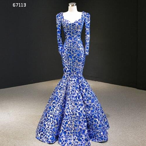 J67113 JANCEMBER Formal Dresses Square Collar Neck Long Sleeve Shining Sequins Lace Applique Mermaid Swollen Dubai Evening Dress