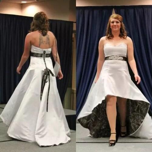 2021 Strapless Hi-Lo Camo Wedding Dress A-Line Camo Wedding Gown with Sash and Sweep Train Bridal Dresses wedding gown