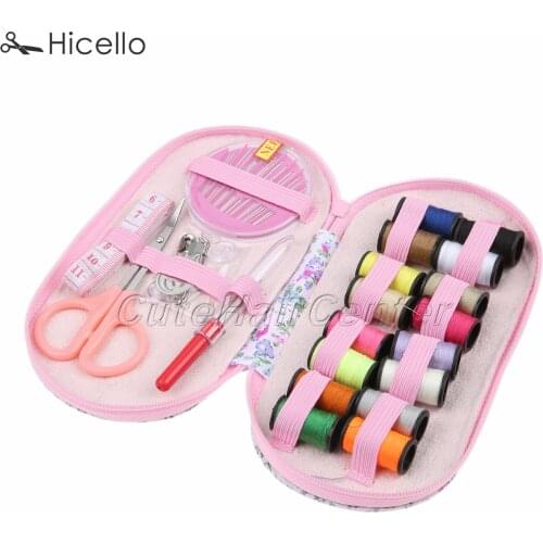 Mini Sewing kit case Portable Travel with threads Stitches Needles Buttons Craft Scissor pins ruler pink cute Sewing box Hicello