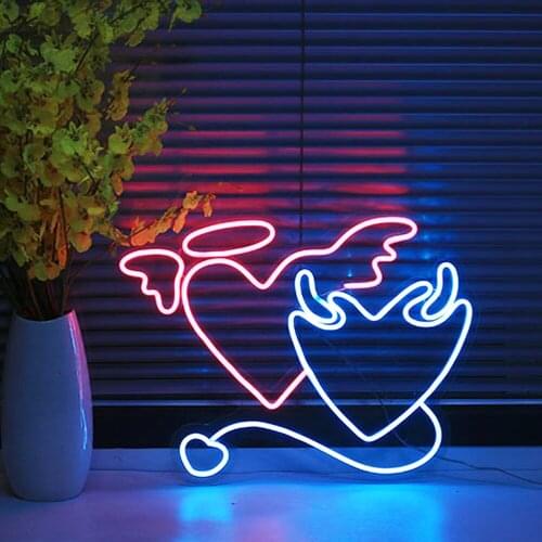 Custom Neon Sign Light Angel and Demon in Love Heart Flex Led Neon Lighting Sign Bar Shop Wedding Decor Party Room Decoration