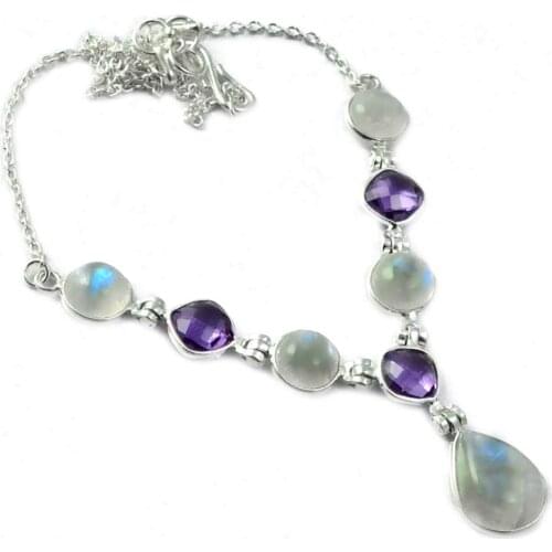 NiaoZaiFei YunZaiKan Blue Fire Moonstone Necklace 925 Sterling Silver, 41.5 cm, MHBNE0115