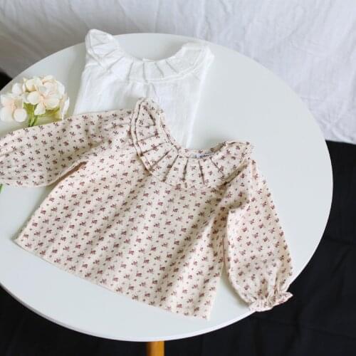 2020 Autumn New Flower Blouse Fashion Childrens Clothing Baby Kids Girl Long Sleeve Pleated Ruffles Collar Floral White Shirt