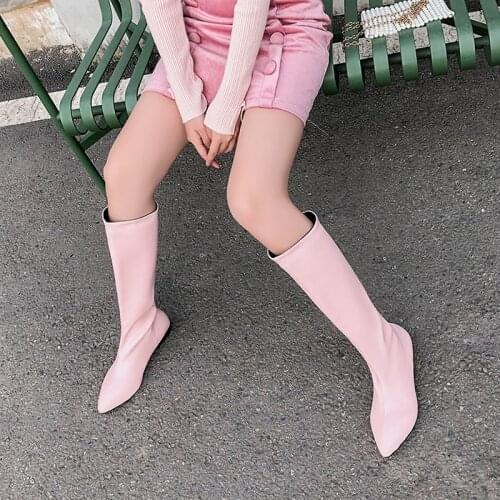 New leather boots in autumn and winter, pointed flat bottomed fashion womens boots, purple large boots