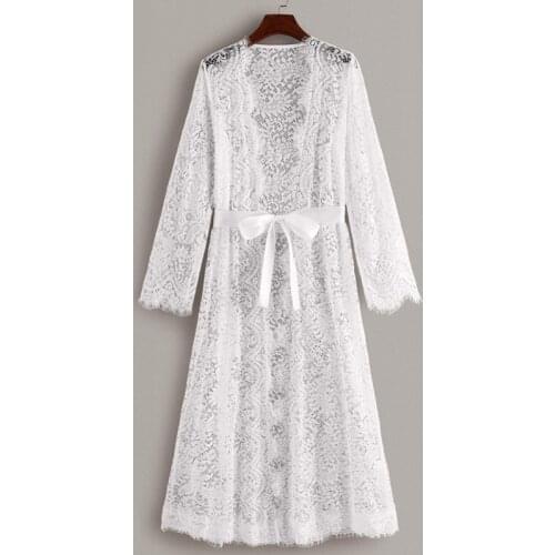New white Womens Bathrobe Sleepwear Sets Sheer Mesh Nightgown Floral Lace Robes Lingerie Female Sexy See Through Robes kimono