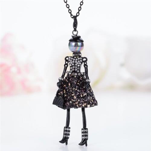 Lovely Girls Statement Crystal Doll Necklaces princess Dress Black Long Chain Pendants With Bag Women Accessories Necklace