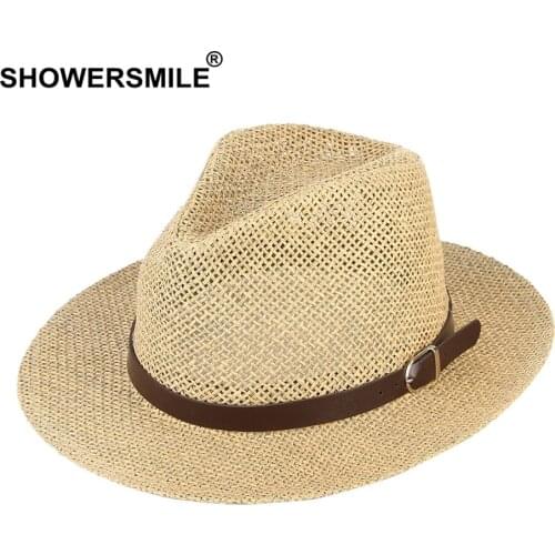 SHOWERSMILE Men Straw Hats Summer Women Jazz Hat With Belt Khaki Unisex Hollow Breathable Beach Vintage Male Ladies Fedora Hat