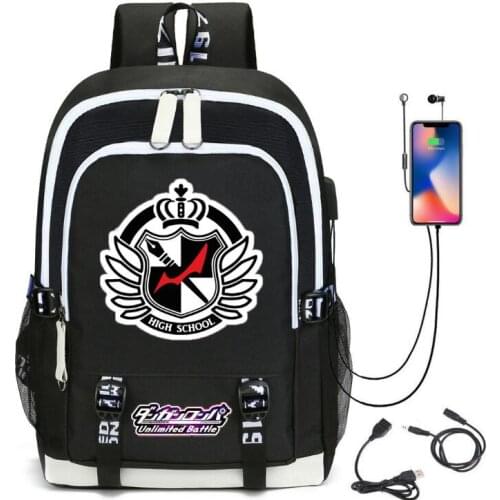 USB Charging Headphone jack Backpack School Bags Mochila Laptop Backpack Schoolbag anime Danganronpa Printing backpack