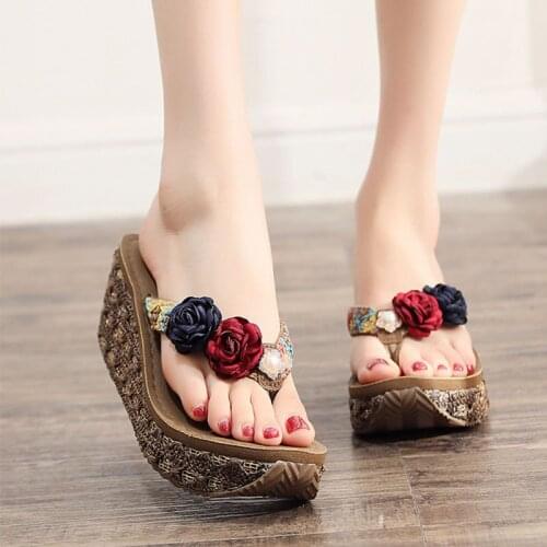 6 Cm High Heel Womens Bohemian High-heeled Non-slip Sandals and Slippers Beach Shoes Thick Bottom Clip Foot Flip Flops Slipper