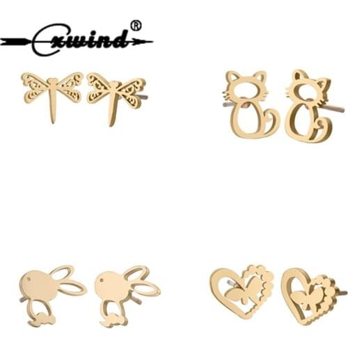 Cxwind Fashion Dragonfly Cat Rabbit Heart Earrings Stainless Steel Animal Stud Earring for Women Girl Ear Jewelry Girl Gift