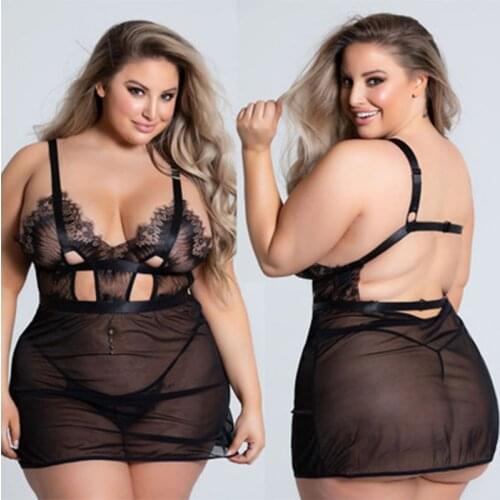 Women Sexy Erotic Lingerie Lace Sleepwear Dress Transparent Hollow-out See Through Pijama Underwear Night Gown 3-5XL Plus Size