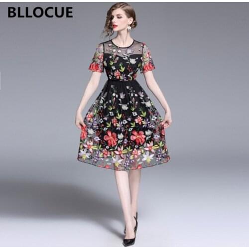 BLLOCUE High Quality 2020 Summer Womens Short Sleeve Gauze Flower Embroidery Mesh Dress Office Slim Elegant Midi Dresses