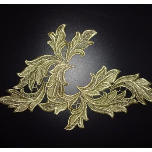 1Mirror pair Fashion sparkling embroidery gold polyester flower patch DIY lace applique gold sewing on 22*11cm LA35