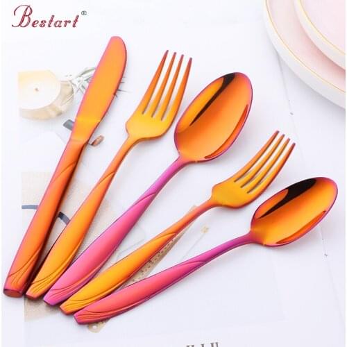 5PC Gold Flatware Metal 18/10 Stainless Steel Steak Knife Fork Spoon Dinner Set Western Food Golden Tableware Cutlery Utensils