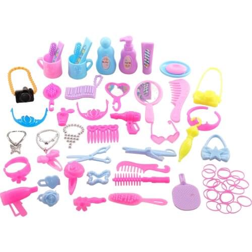 63 Pieces/set Cheap Kawaii Miniature for Barbie Doll Accessories Mini Bag Mirror Necklace Crown Cool stuff Dollhouse Furniture