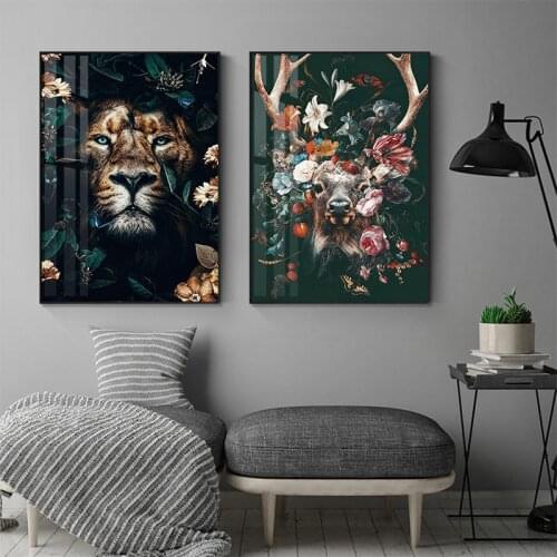 Abstract Flowers Animal Canvas Painting Prints Lion Tiger Deer Wall Decorative Posters Nordic Living Room Art Picture Home Decor