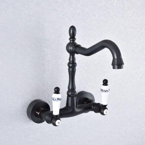 Oil Rubbed Bronze Swivel Spout Kitchen Sink Faucet / Wall Mounted Dual Ceramic Handles Bathroom Basin Mixer Taps Nsf760