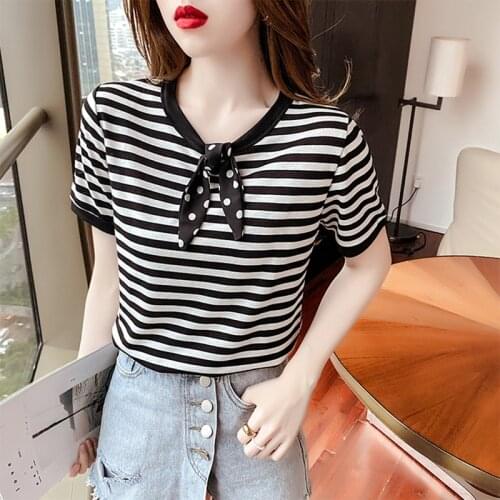 GGRIGHT 2021 Summer Tees T Shirt Women Korean Fashion Tshirt Girls Short Sleeve Stripe Bow Tee Shirt Femme Tops White